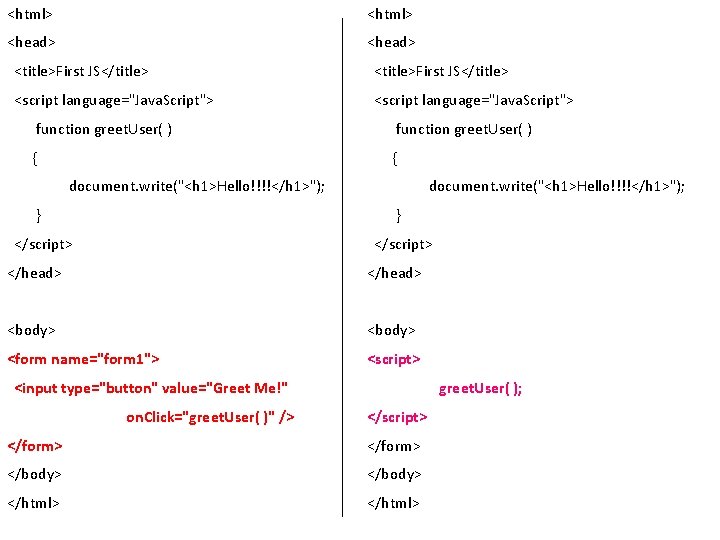 <html> <head> <title>First JS</title> <script language="Java. Script"> function greet. User( ) { { document. <html> <head> <title>First JS</title> <script language="Java. Script"> function greet. User( ) { { document.