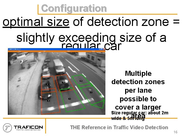 Configuration optimal size of detection zone = slightly exceeding size of a regular car