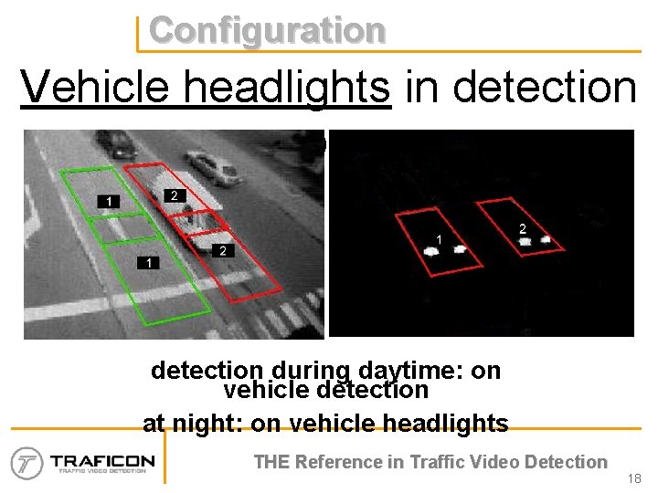 Configuration Vehicle headlights in detection zone detection during daytime: on vehicle detection at night:
