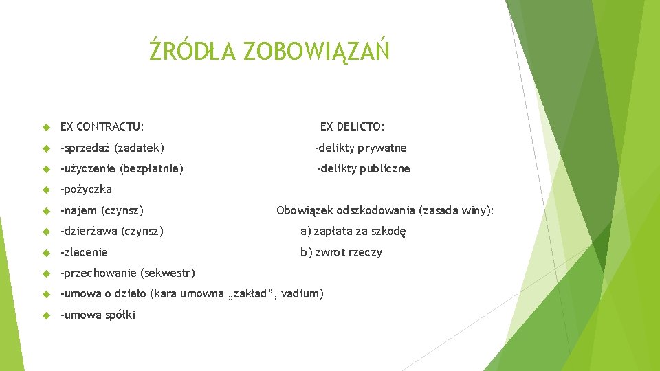 ŹRÓDŁA ZOBOWIĄZAŃ EX CONTRACTU: EX DELICTO: -sprzedaż (zadatek) -delikty prywatne -użyczenie (bezpłatnie) -delikty publiczne