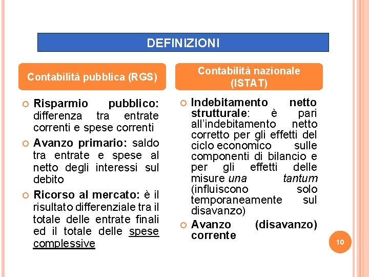 DEFINIZIONI Contabilità nazionale (ISTAT) Contabilità pubblica (RGS) Risparmio pubblico: differenza tra entrate correnti e