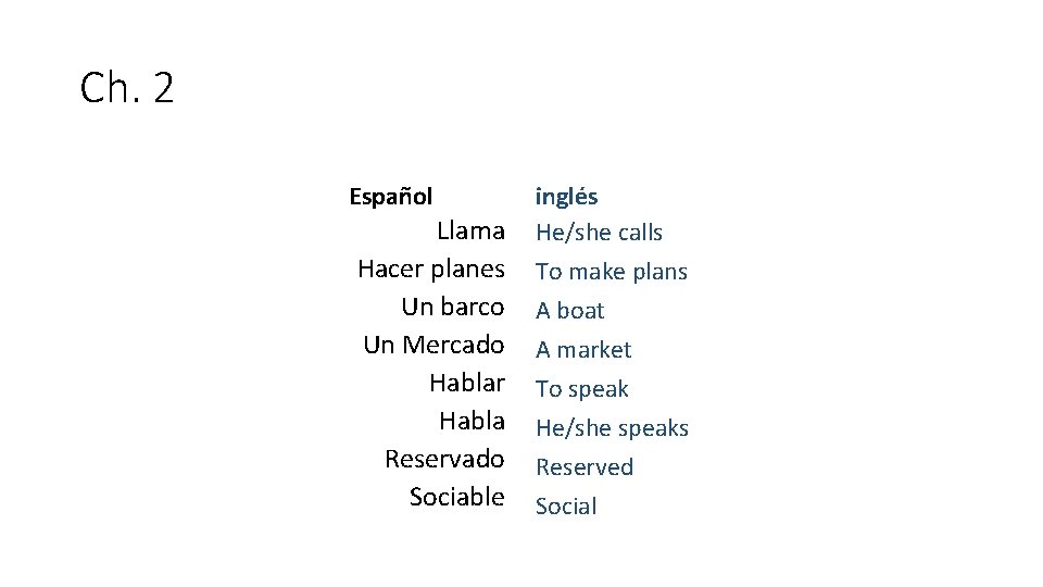 Ch. 2 Español Llama Hacer planes Un barco Un Mercado Hablar Habla Reservado Sociable
