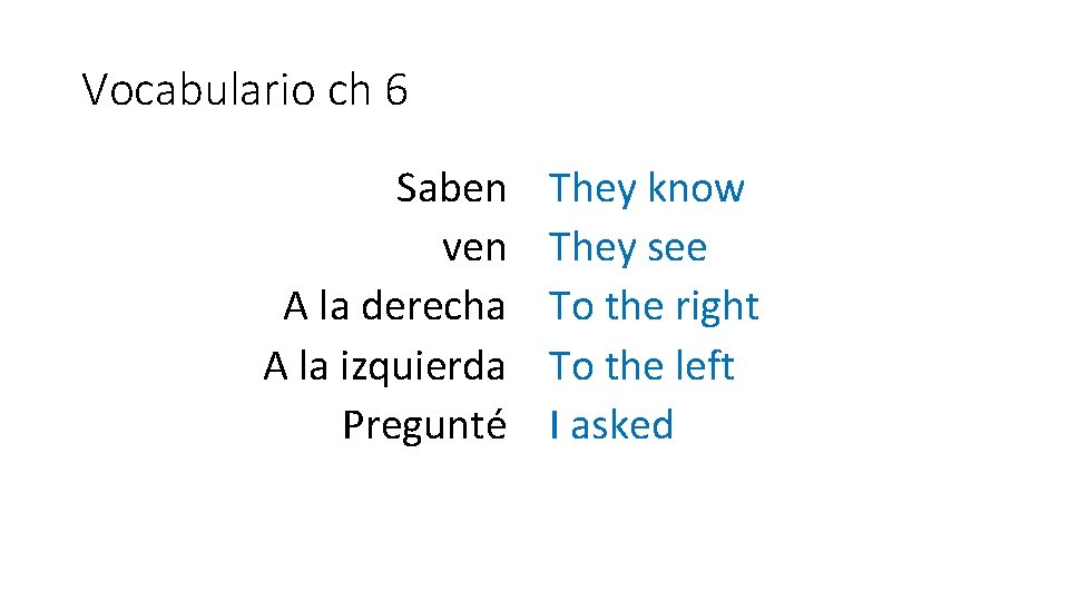 Vocabulario ch 6 Saben ven A la derecha A la izquierda Pregunté They know