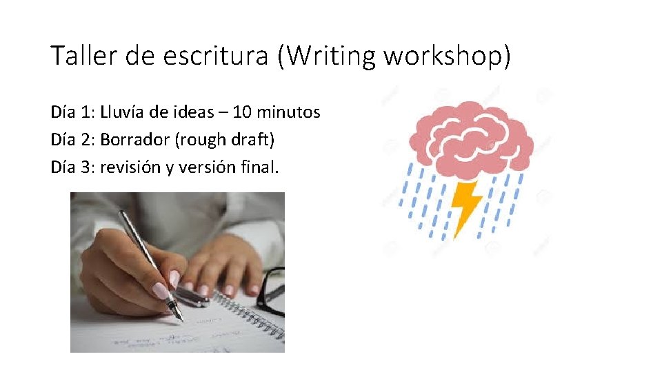 Taller de escritura (Writing workshop) Día 1: Lluvía de ideas – 10 minutos Día
