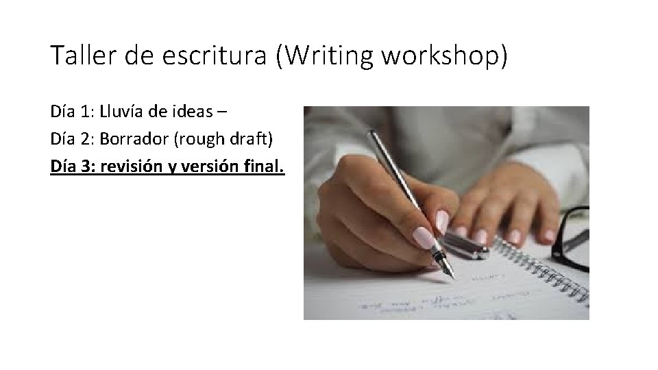 Taller de escritura (Writing workshop) Día 1: Lluvía de ideas – Día 2: Borrador