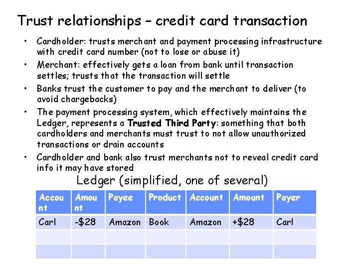 Trust relationships – credit card transaction • • • Cardholder: trusts merchant and payment