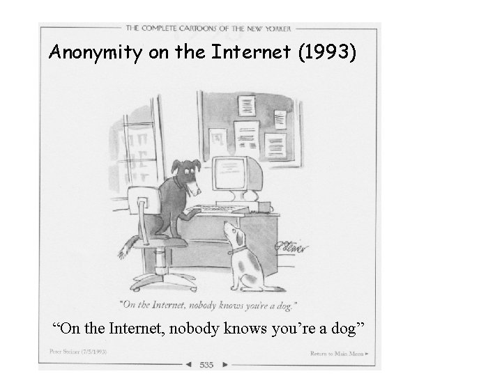 Anonymity on the Internet (1993) “On the Internet, nobody knows you’re a dog” 