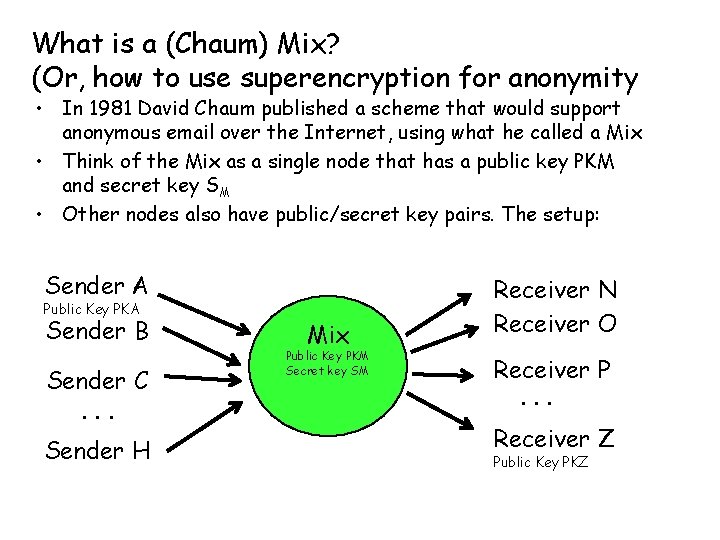 What is a (Chaum) Mix? (Or, how to use superencryption for anonymity • In