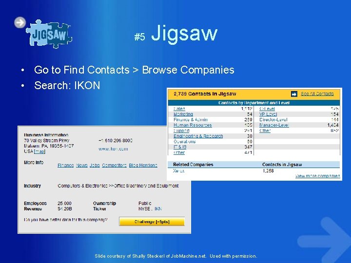 #5 Jigsaw • Go to Find Contacts > Browse Companies • Search: IKON Slide