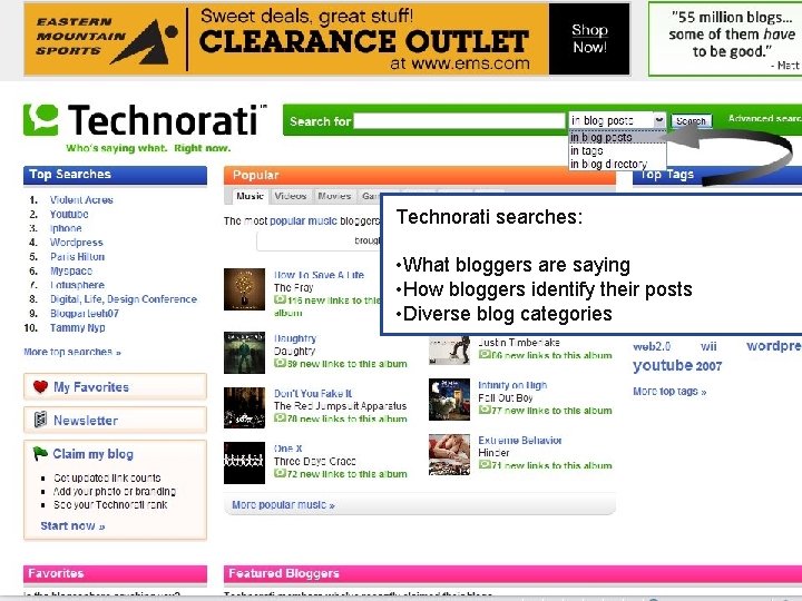Technorati searches: • What bloggers are saying • How bloggers identify their posts •