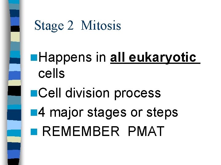 Stage 2 Mitosis n. Happens in all eukaryotic cells n. Cell division process n