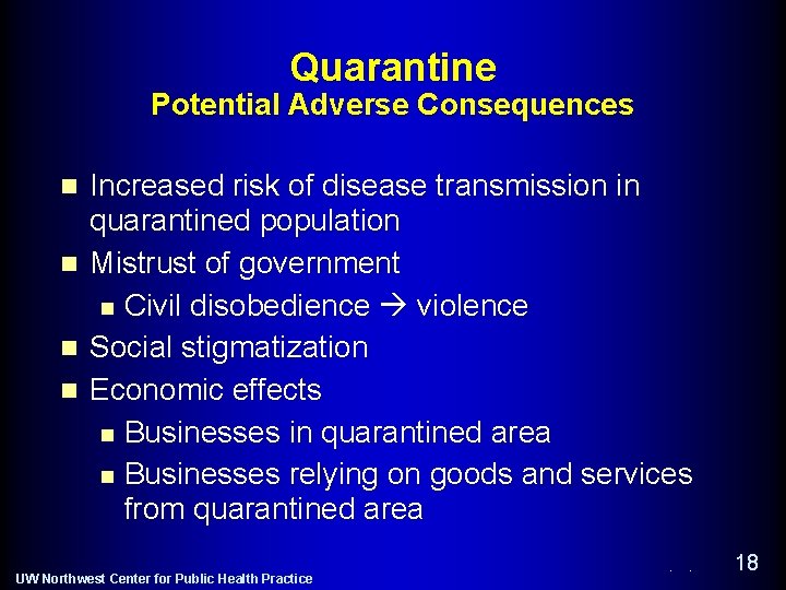 Quarantine Potential Adverse Consequences n n Increased risk of disease transmission in quarantined population