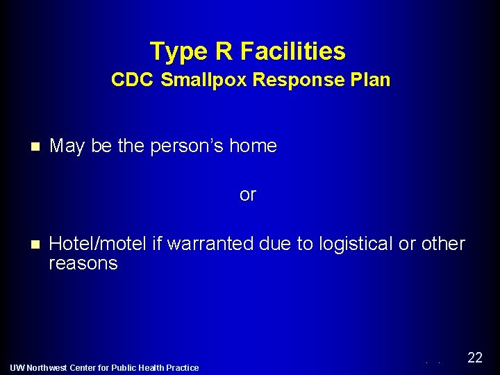 Type R Facilities CDC Smallpox Response Plan n May be the person’s home or