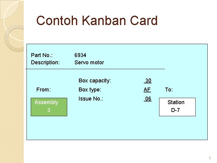Contoh Kanban Card Part No. : Description: From: Assembly 3 6934 Servo motor Box
