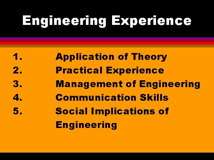 Engineering Experience 1. 2. 3. 4. 5. Application of Theory Practical Experience Management of