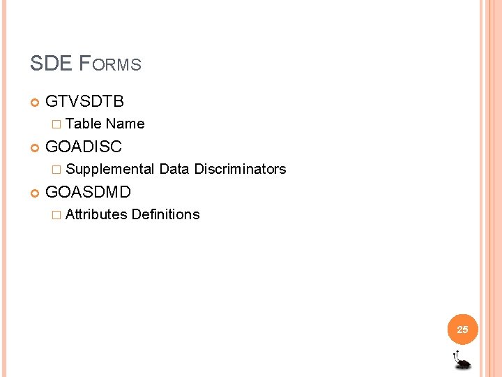 SDE FORMS GTVSDTB � Table Name GOADISC � Supplemental Data Discriminators GOASDMD � Attributes