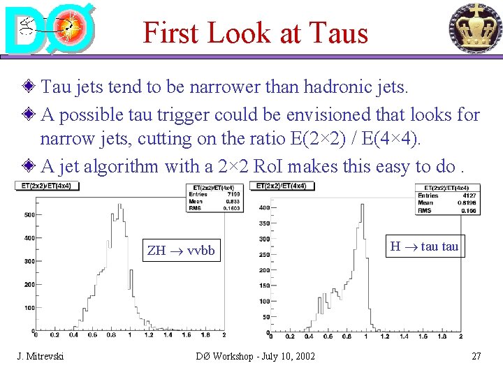First Look at Taus Tau jets tend to be narrower than hadronic jets. A First Look at Taus Tau jets tend to be narrower than hadronic jets. A