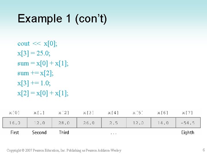 Example 1 (con’t) cout << x[0]; x[3] = 25. 0; sum = x[0] +