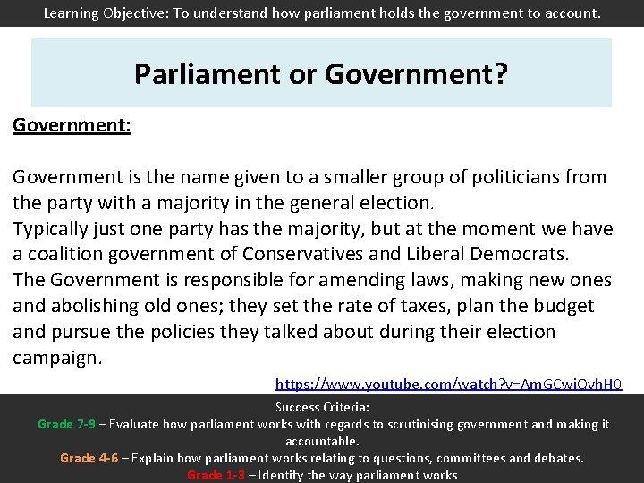 Learning Objective: To understand how parliament holds the government to account. Parliament or Government?