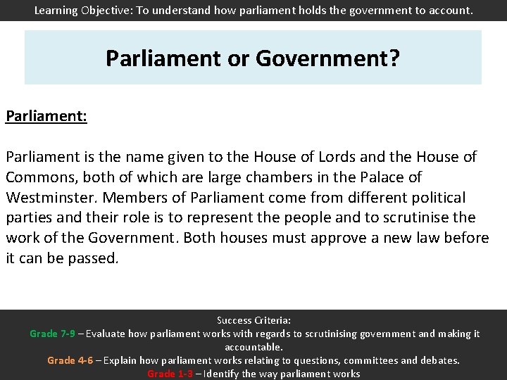 Learning Objective: To understand how parliament holds the government to account. Parliament or Government?