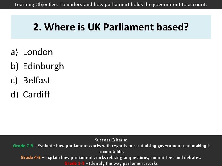 Learning Objective: To understand how parliament holds the government to account. 2. Where is