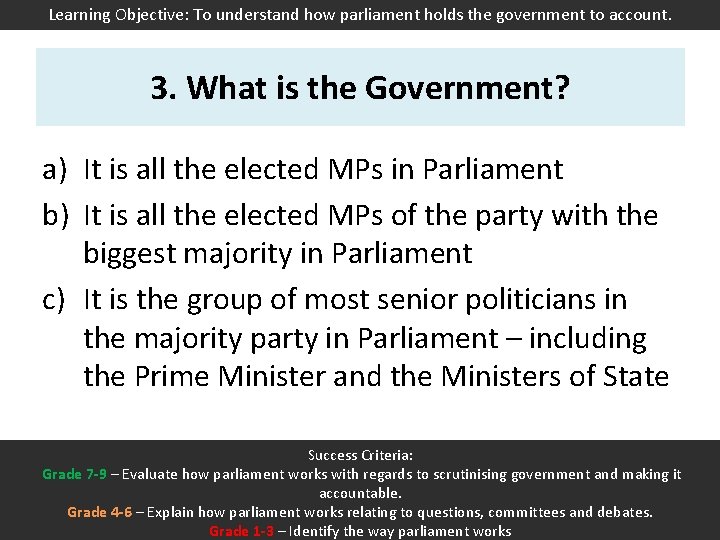 Learning Objective: To understand how parliament holds the government to account. 3. What is