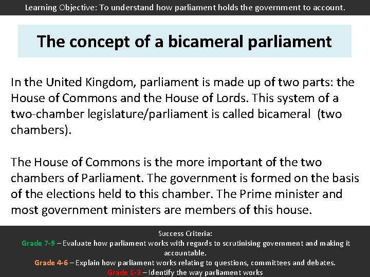 Learning Objective: To understand how parliament holds the government to account. The concept of