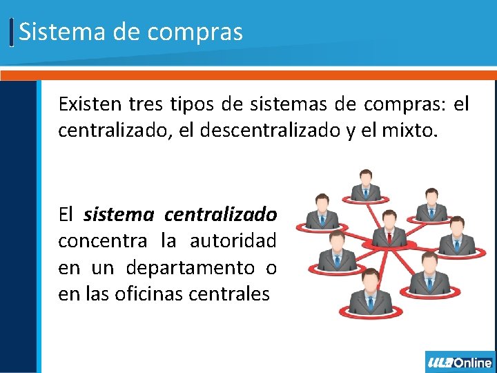 Sistema de compras Existen tres tipos de sistemas de compras: el centralizado, el descentralizado