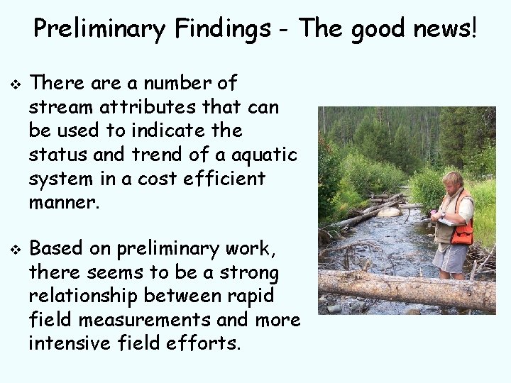 Preliminary Findings - The good news! v v There a number of stream attributes