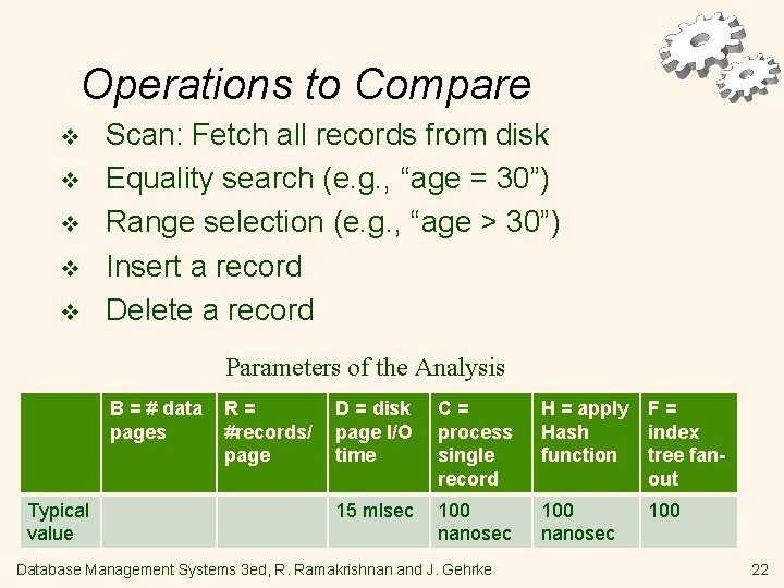 Operations to Compare v v v Scan: Fetch all records from disk Equality search