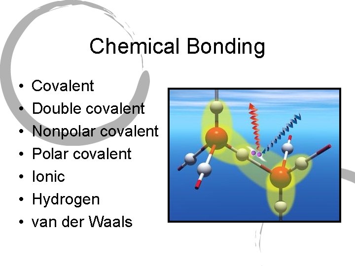 Chemical Bonding • • Covalent Double covalent Nonpolar covalent Polar covalent Ionic Hydrogen van