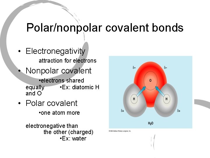 Polar/nonpolar covalent bonds • Electronegativity attraction for electrons • Nonpolar covalent • electrons shared
