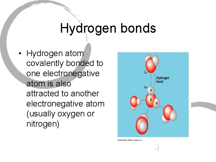 Hydrogen bonds • Hydrogen atom covalently bonded to one electronegative atom is also attracted