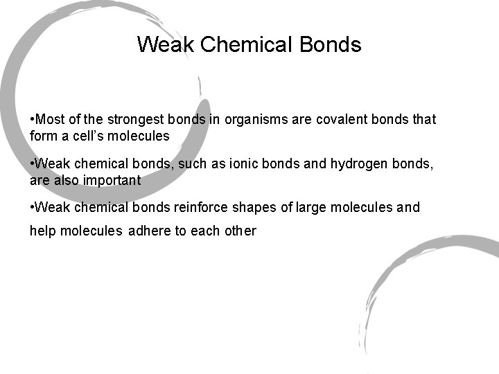 Weak Chemical Bonds • Most of the strongest bonds in organisms are covalent bonds