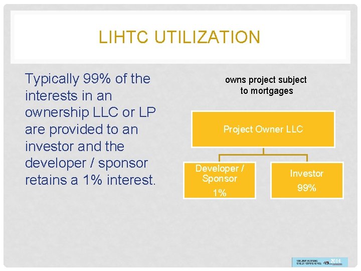 LIHTC UTILIZATION Typically 99% of the interests in an ownership LLC or LP are