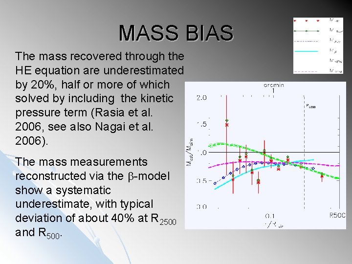 MASS BIAS The mass recovered through the HE equation are underestimated by 20%, half