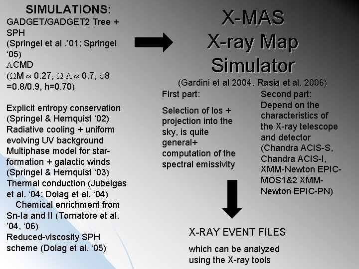 SIMULATIONS: GADGET/GADGET 2 Tree + SPH (Springel et al. ’ 01; Springel ‘ 05)