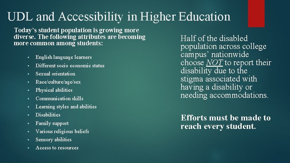 UDL and Accessibility in Higher Education Today’s student population is growing more diverse. The