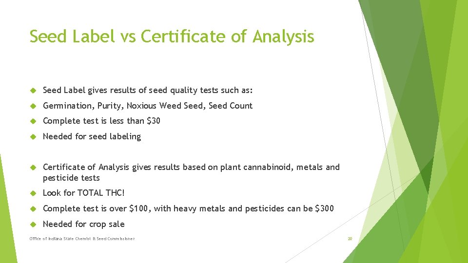 Seed Label vs Certificate of Analysis Seed Label gives results of seed quality tests