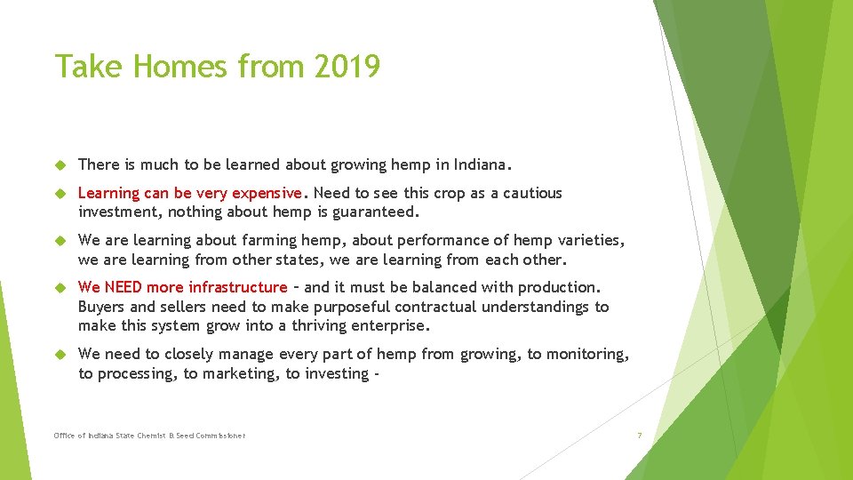 Take Homes from 2019 There is much to be learned about growing hemp in