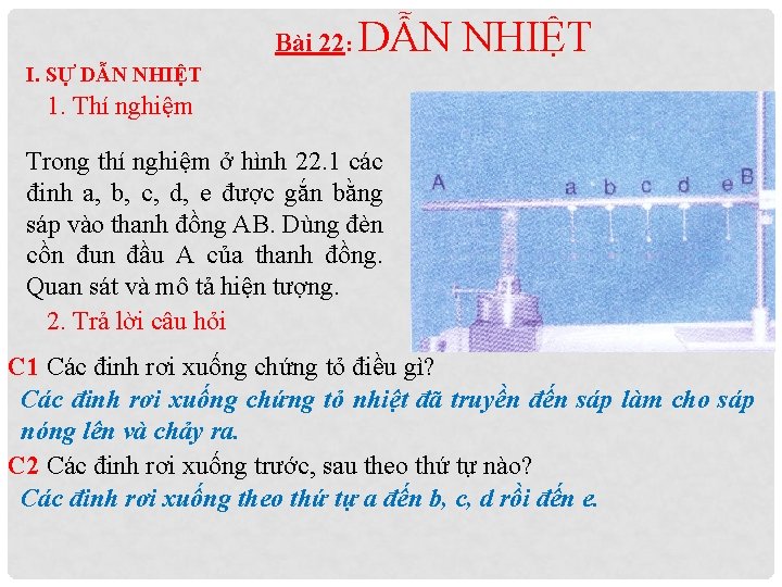 Bài 22: I. SỰ DẪN NHIỆT 1. Thí nghiệm Trong thí nghiệm ở hình