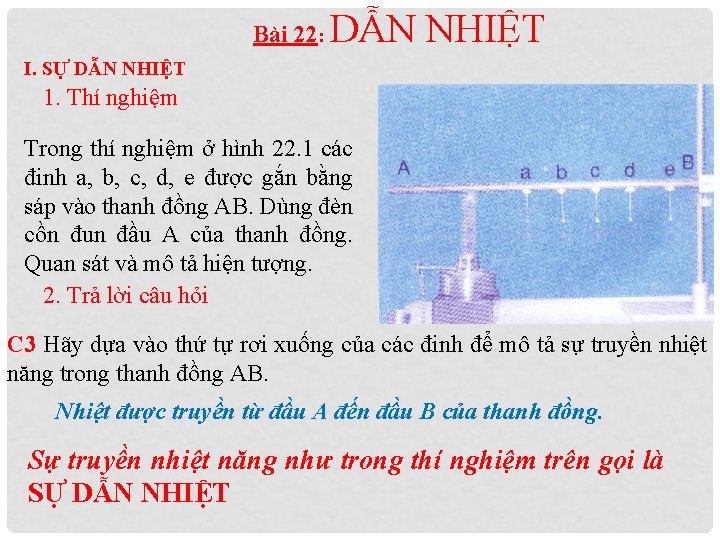 Bài 22: DẪN NHIỆT I. SỰ DẪN NHIỆT 1. Thí nghiệm Trong thí nghiệm