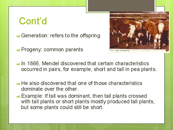 Cont’d Generation: Progeny: refers to the offspring common parents In 1866, Mendel discovered that