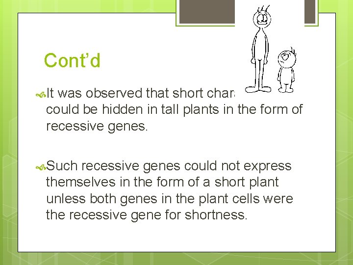Cont’d It was observed that short characteristics could be hidden in tall plants in