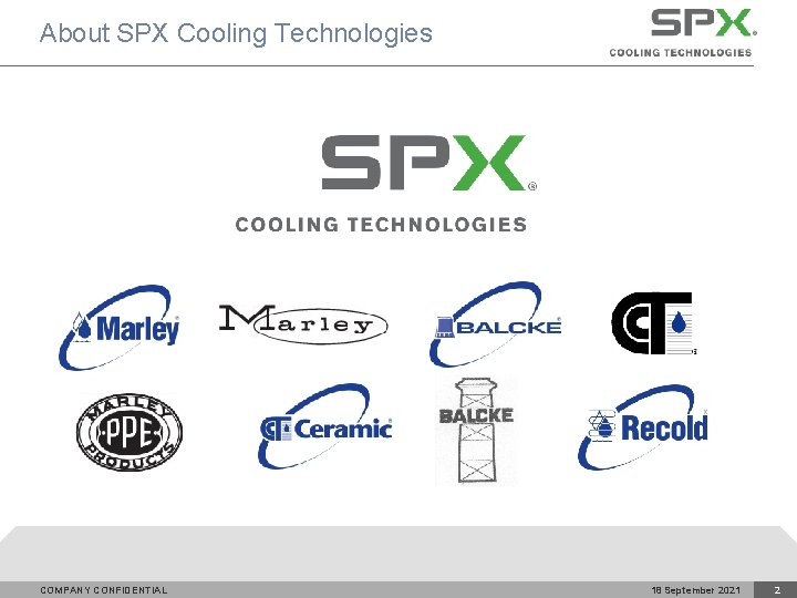 About SPX Cooling Technologies COMPANY CONFIDENTIAL 18 September 2021 2 