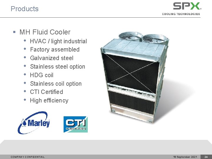 Products § MH Fluid Cooler • • HVAC / light industrial Factory assembled Galvanized