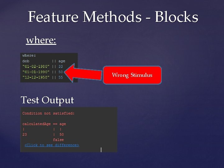 Feature Methods - Blocks where: Wrong Stimulus Test Output 