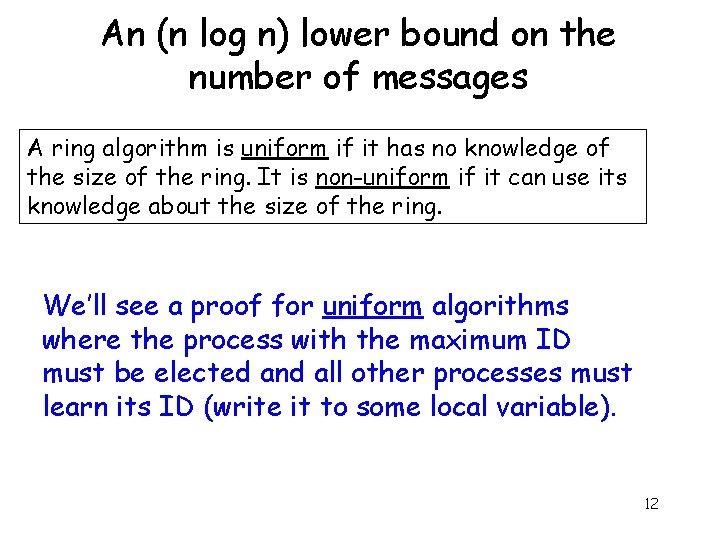 An (n log n) lower bound on the number of messages A ring algorithm