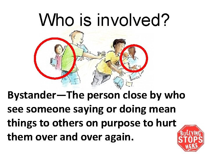 Who is involved? Bystander—The person close by who see someone saying or doing mean
