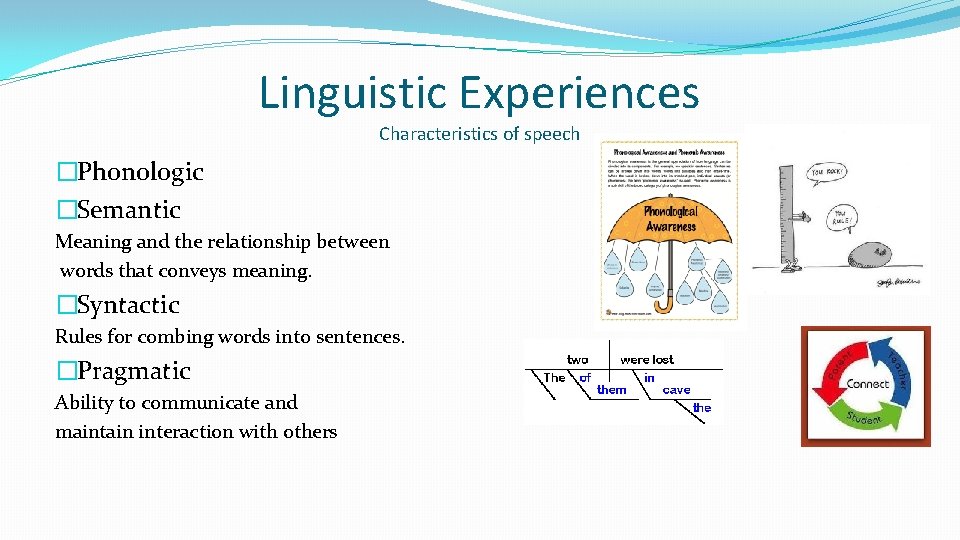 Linguistic Experiences Characteristics of speech �Phonologic �Semantic Meaning and the relationship between words that